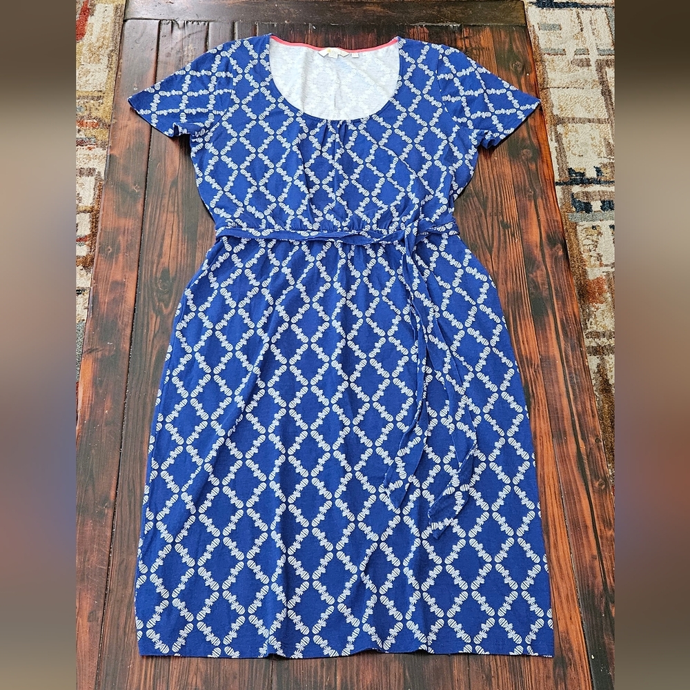 Boden Blue and White Patterned Short-Sleeve Belted Dress